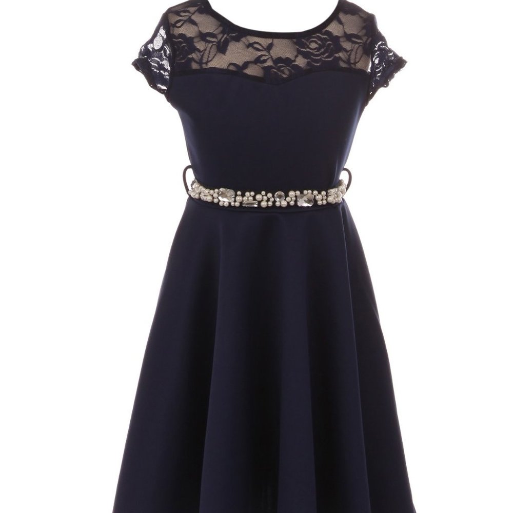 Little Girls Cap Sleeve Floral Lace Pearl Easter Party Flower Girl Dress Navy